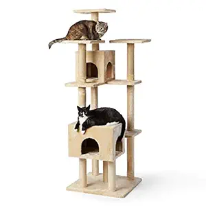 Large Cat Condo Tree Tower with Dual Caves and Scratching Post - Ideal Indoor Playground for Medium Breeds - 70 inches, Beige - Cat Furniture for Playful Exploration and Relaxation - Includes Cozy Retreats and Built-in Scratching Post