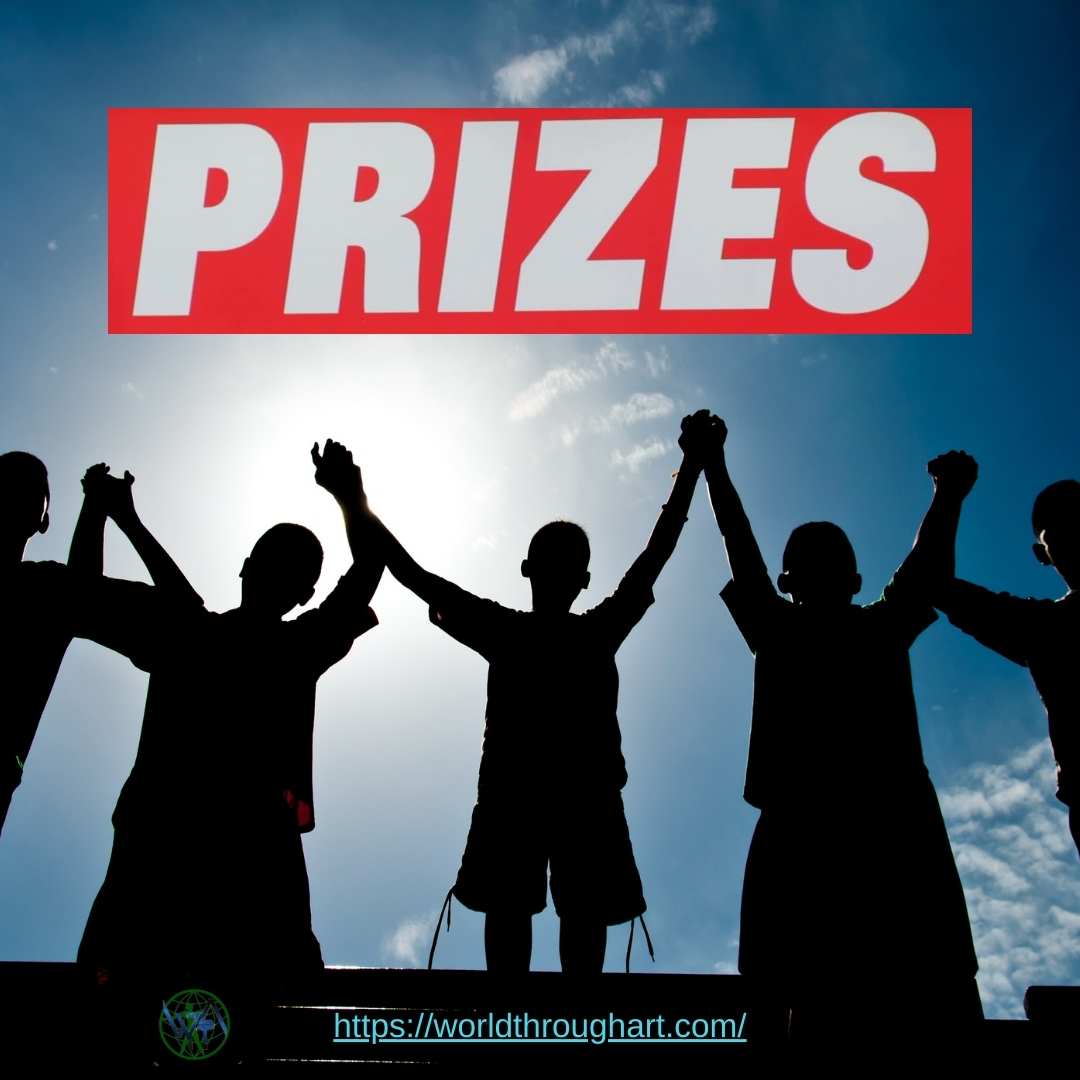 Prizes section displaying the exciting rewards for World Through Art competition winners: Cash Prizes, Featured Artist Spotlight, Certificates, and Special Gifts. Explore the incentives awaiting talented artists at World Through Art. 🎨💰🏆 #ArtPrizes #WorldThroughArt #CreativeRewards