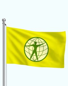 A yellow World Through Art flag with a green human figure inside a globe, waving on a silver flagpole.