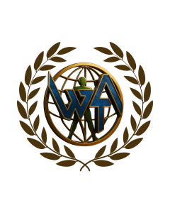 World Through Art (WTA) emblem featuring a golden globe, green human figure, and blue WTA initials, framed by laurel branches