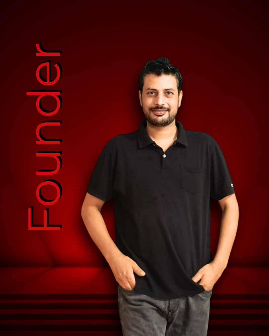 Portrait of Mohd Syeed, Founder of World Through Art (WTA), with a bold red background and the word “Founder” written vertically